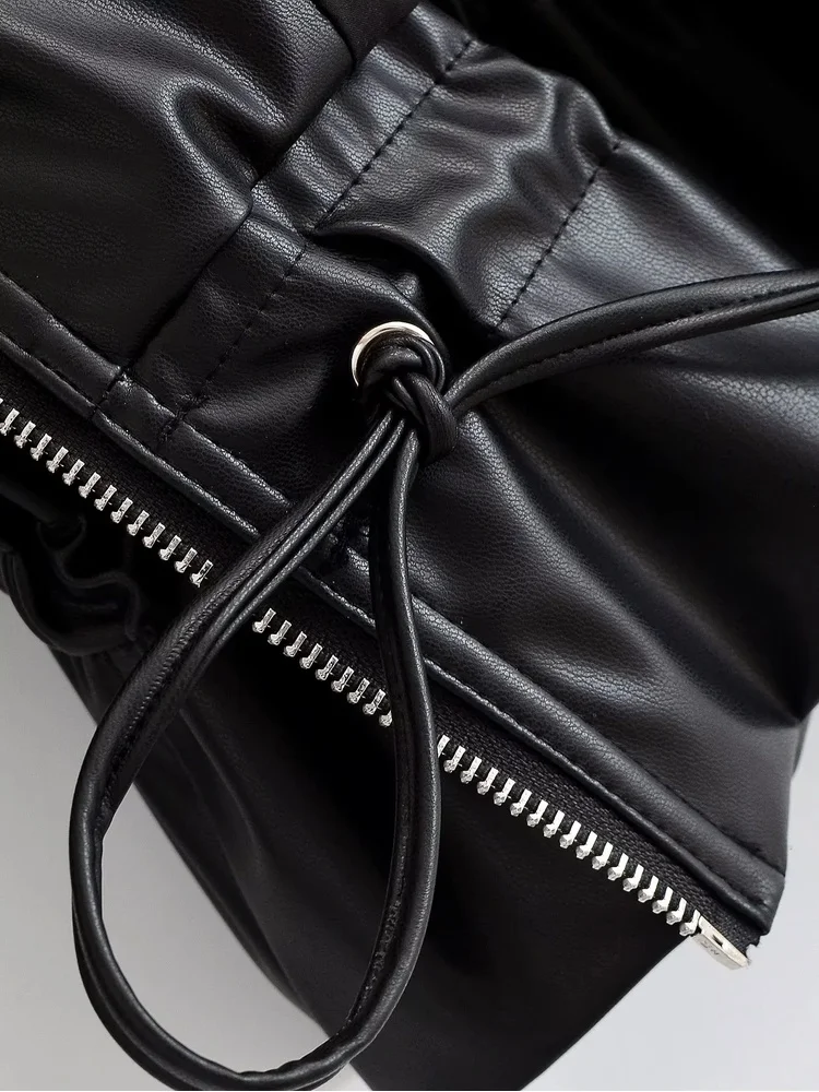AACHOAE Women Faux Leather Jacket Drawstring Waist Zip Up Utility Short Coat Flap Pocket Casual Streetwear Autumn Outerwear