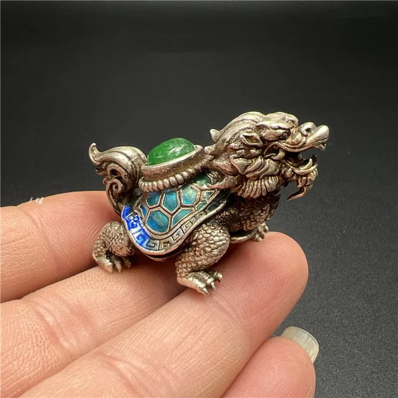 Dragon Turtle Figurines Vintage Silver Emerald Gem Dragon Turtle Sculpture Crafts Tea Pets Collectible Decorative Statues