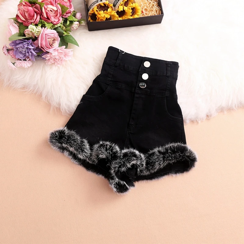 

Fashion High Waist Plush Denim Shorts Women's Autumn Winter Rabbit Hair Slim Short Pants Versatile Bottomimg Denim Hotpants