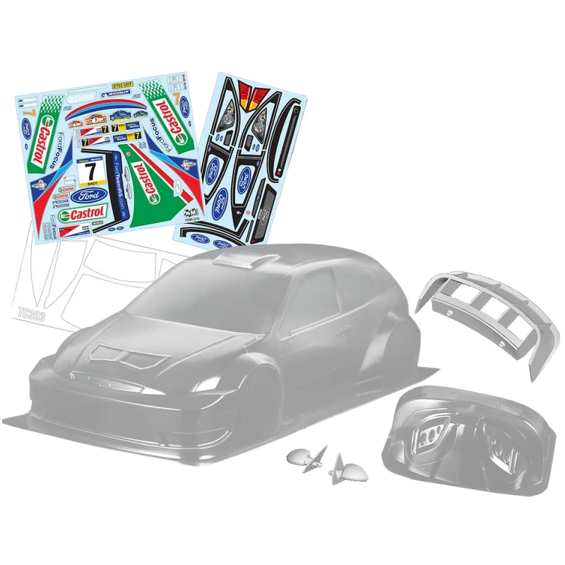 Scale 1/10 Ford Focus WRC 2003 Clear Body shell W/Rear spoiler +Mirror + Light Buckles + decal for RC Rally car Tamiya tt02 tt01