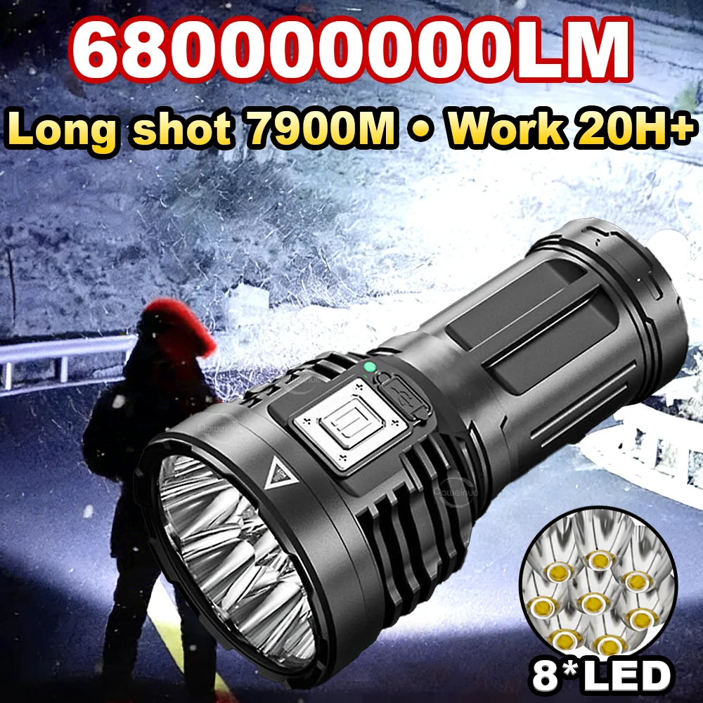 

68000000LM Super Powerful LED Flashlights Built-in Battery Rechargeable Torch Light 7900M 8 Core Strong Light Tactical Flashlamp