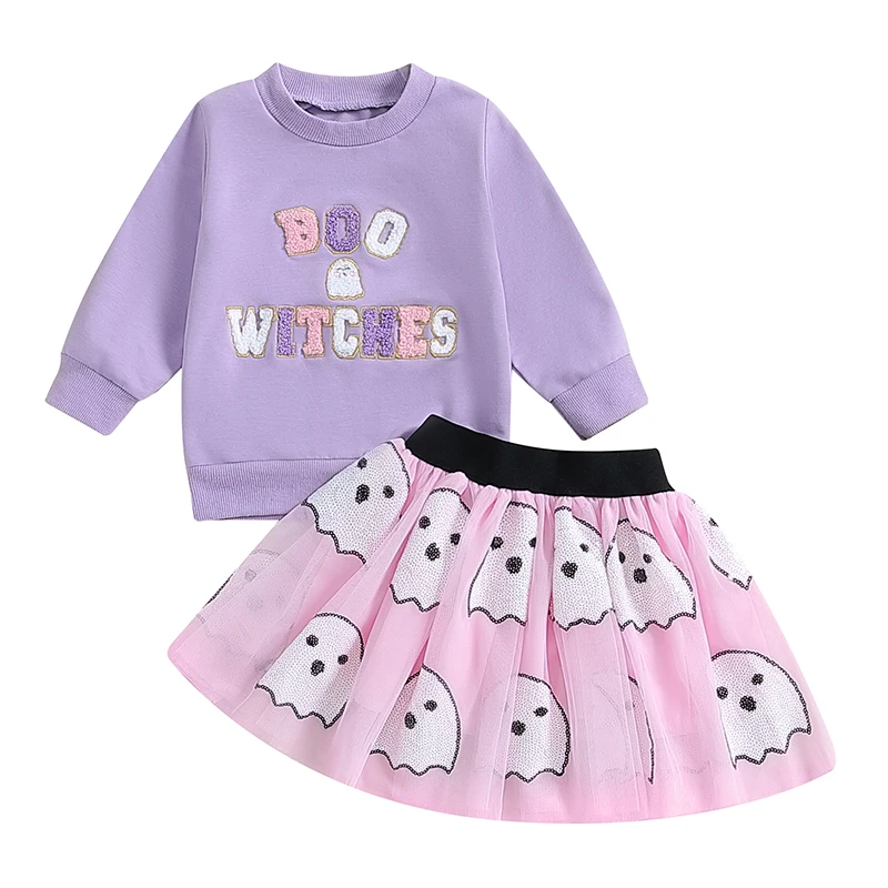 

Girls Halloween Skirt Sets Long Sleeve Letter Embroidery Pullover Ghost Embroidery Tulle Skirt Sets