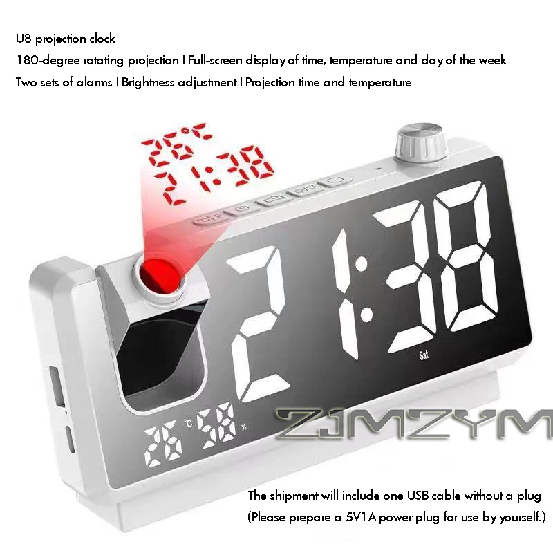 Smart Rechargeable Alarm Clock Ceiling Projection HD LED Digital Display Temperature Sensor 180° Adjustable Night Light for Bed