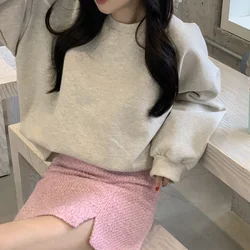 두꺼운 자수 레터 프린트 플리스 후드티 시크 심플 매치 긴팔 라운드넥 스웨트셔츠 여성용 가을 겨울