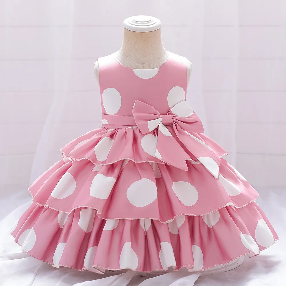 Girl Polka Dot Cake Dress Sleeveless Wedding Birthday Costumes For Kids Children Fashion Bow Ball Gown Evening Prom Gown Clothes