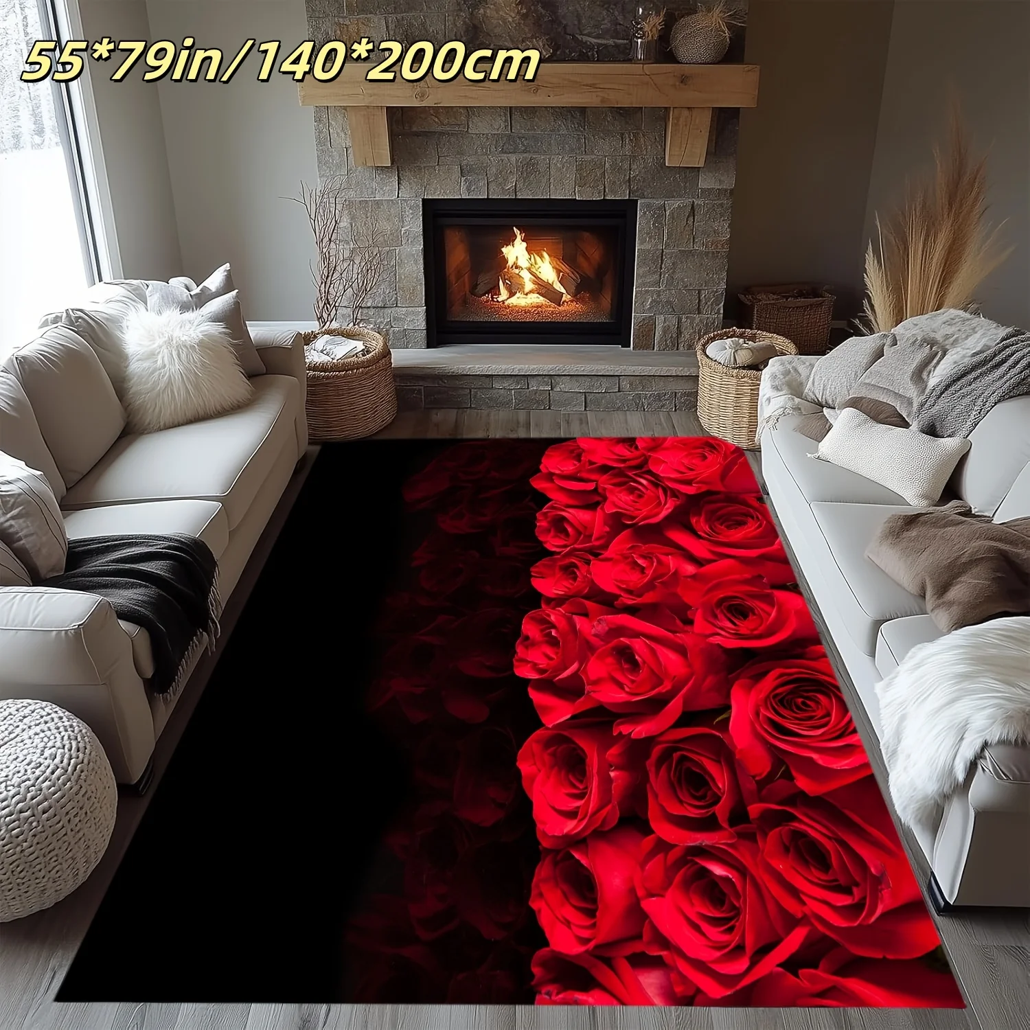 1pc Black Background Red Rose Area Rug, Romantic Floral Decor Mat for Living Room, Bedroom