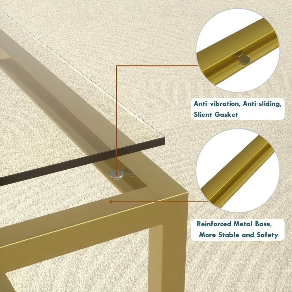 Mesas de café de vidro para pequeno espaço, mesa central quadrada simples para sala de estar, casa e escritório, fácil montagem, ouro moderno