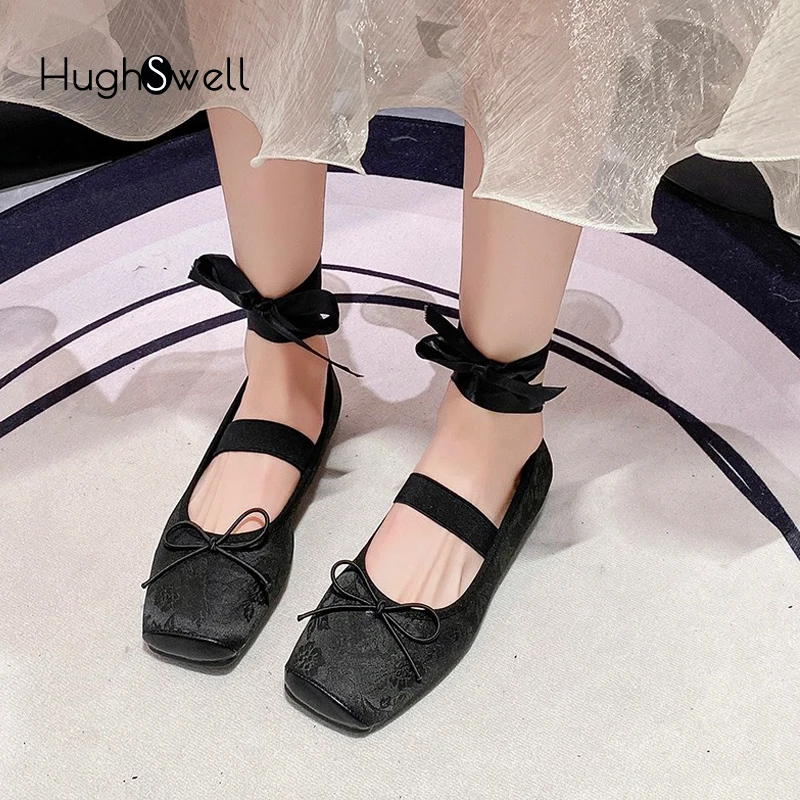 Luxury Floral Jacquard Satin Silk Ballet Flat Woman Elegant Square Toe Lace Tie Leg Bowknot Ballerinas Ladies Wedding Party Shoe