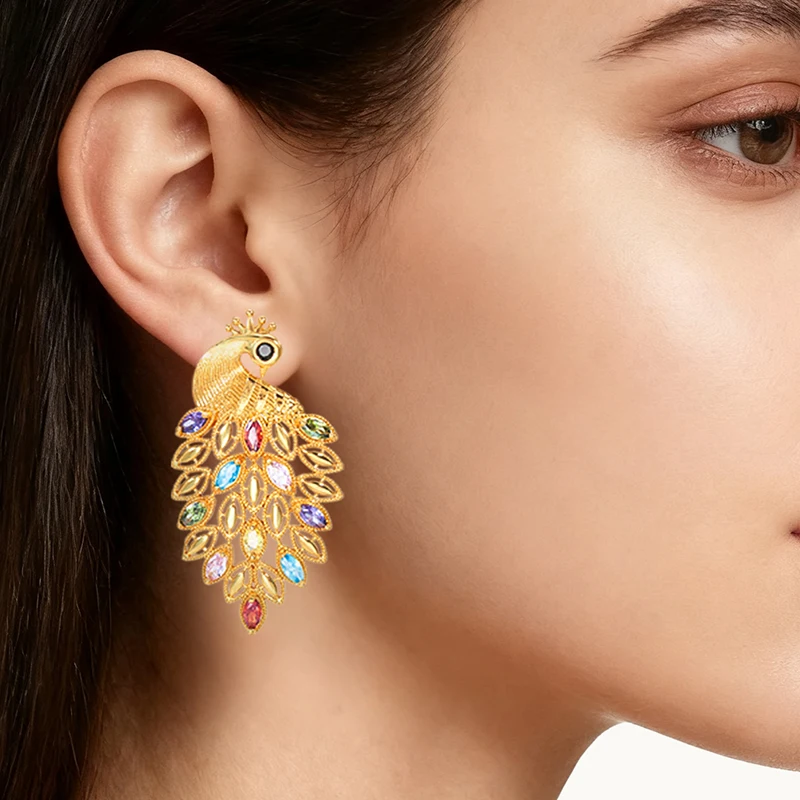 

YTJX Luxury Colorful Zircon Women Earrings Hight Quality 18K Gold Plated Phoenix Shaped Big Earrings For Party Jewelry Gifts ﻿