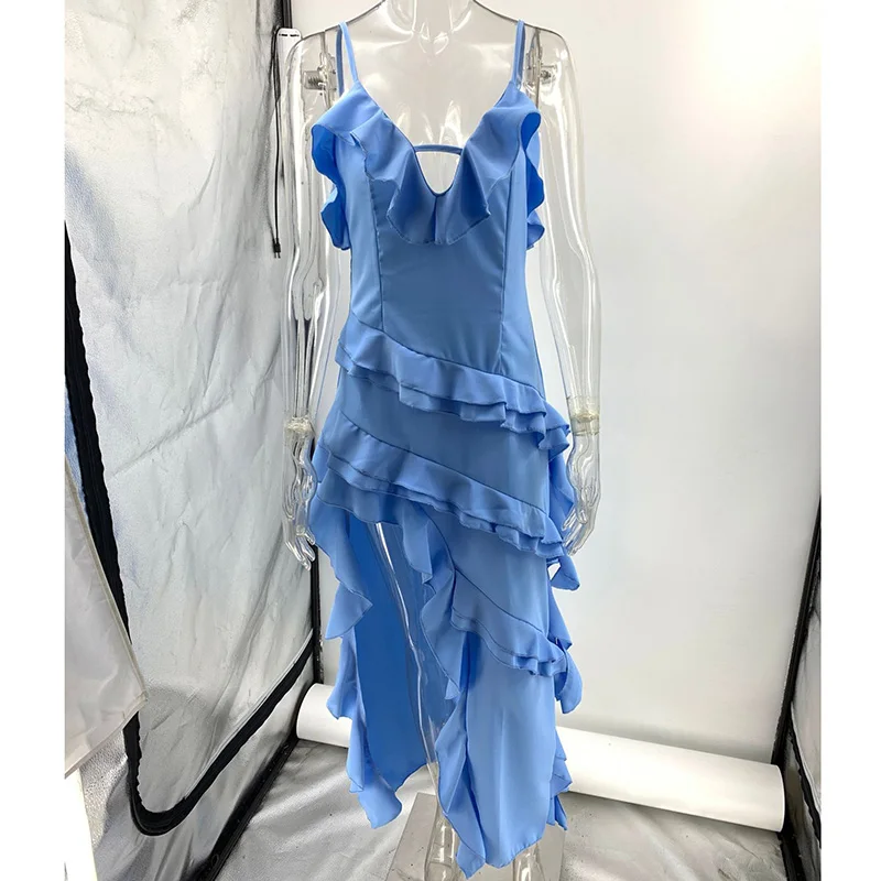 Vestido feminino verão hotsweet em camadas vestido moda assimétrico cinta de espaguete vestidos longos sexy senhora férias vestidos de praia
