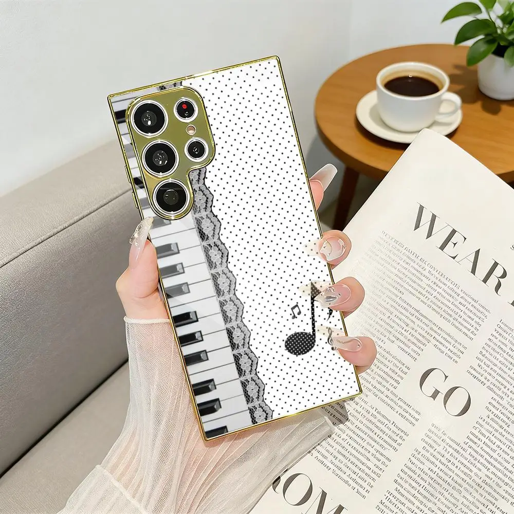 

INS Trendy Musical Notes Phone Case Luxury Electroplated Metal Frame Case for Samsung Galaxy S25 S24 S23 Ultra Funda