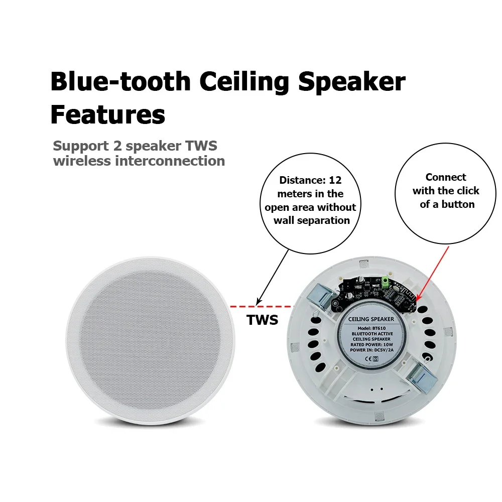 6\'\' 10W Bluetooth In-ceiling Speaker Moisture-proof Flush Mount Loudspeaker Built In Class D Amplifier Audio Sound System Indoor