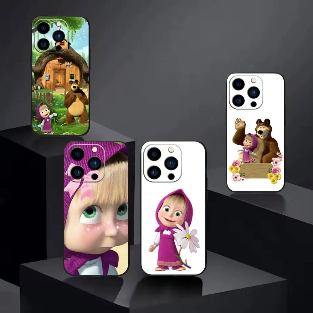 

Cute R-Masha and Bears Phone Case For iPhone17,16,15,14,13,12 Plus,Max Soft Silicone Black Cover