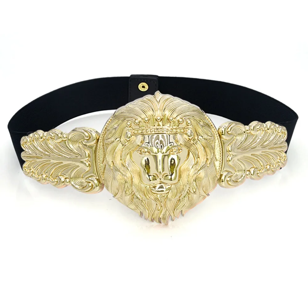 Faux Leather Metal Wide Waistband Universal Alloy Buckle Metal Avatar with Wide Waistband Golden Lion Waist Cover