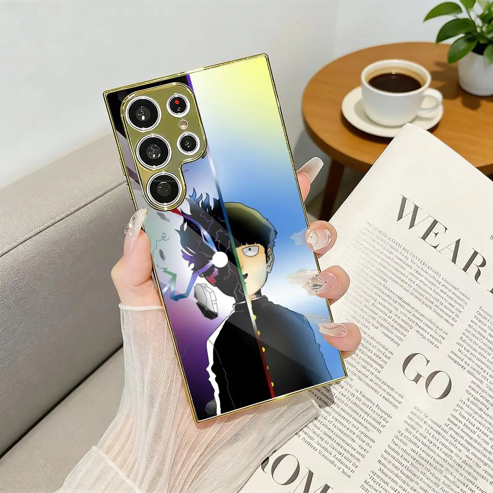 Anime M-Mob P-Psycho 100 Phone Case Luxury Electroplated Metal Frame Phone Case for Samsung S25 S24 S23 Ultra Slim Cover