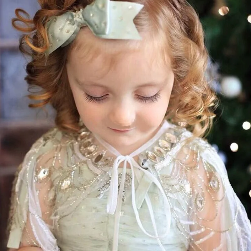 Dream Girl Handmade Shiny Rhinestone Tutu Shawl Princess Dress with Flower Boy Shoulders Summer Cape