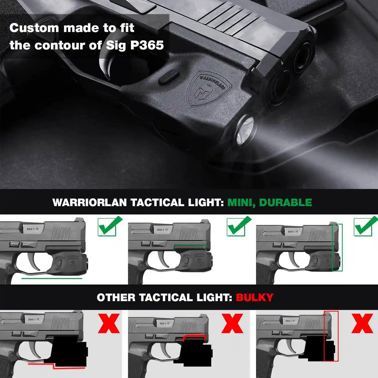 Mini Tactical Light Flashlight 150 Lumens Tailored for Sig P365 / P365 XL Pistol with Kydex Holster Rail Mount Tactical LED SL-1