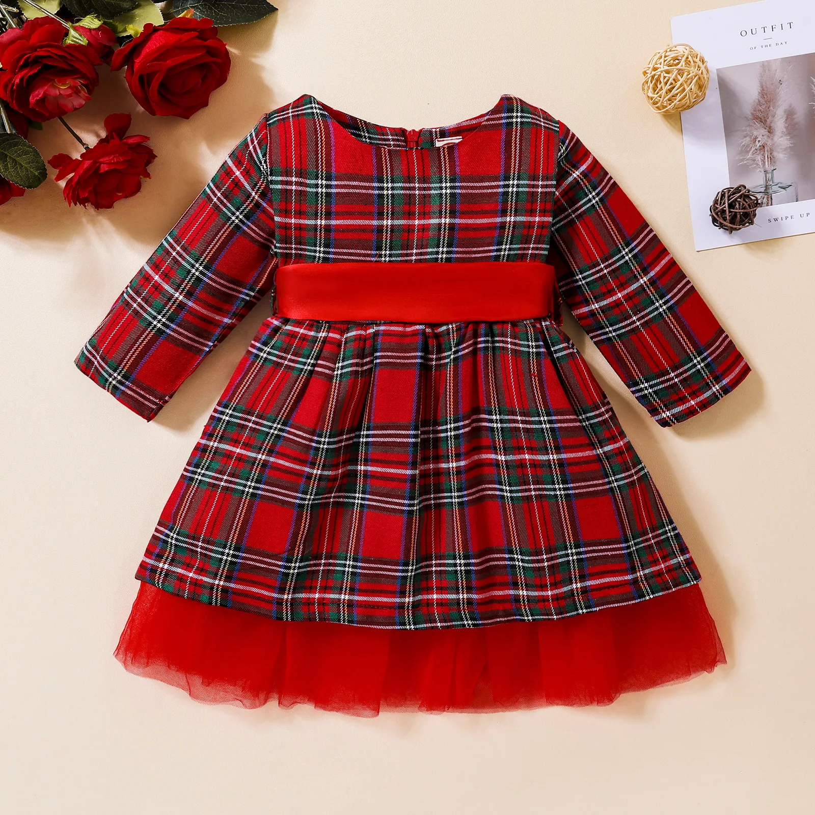 

3 Months - 3 Years Old Kids Cosplay Dress Birthday Long Sleeve Christmas New Year Red Grid Princess Dresses for Baby Girl