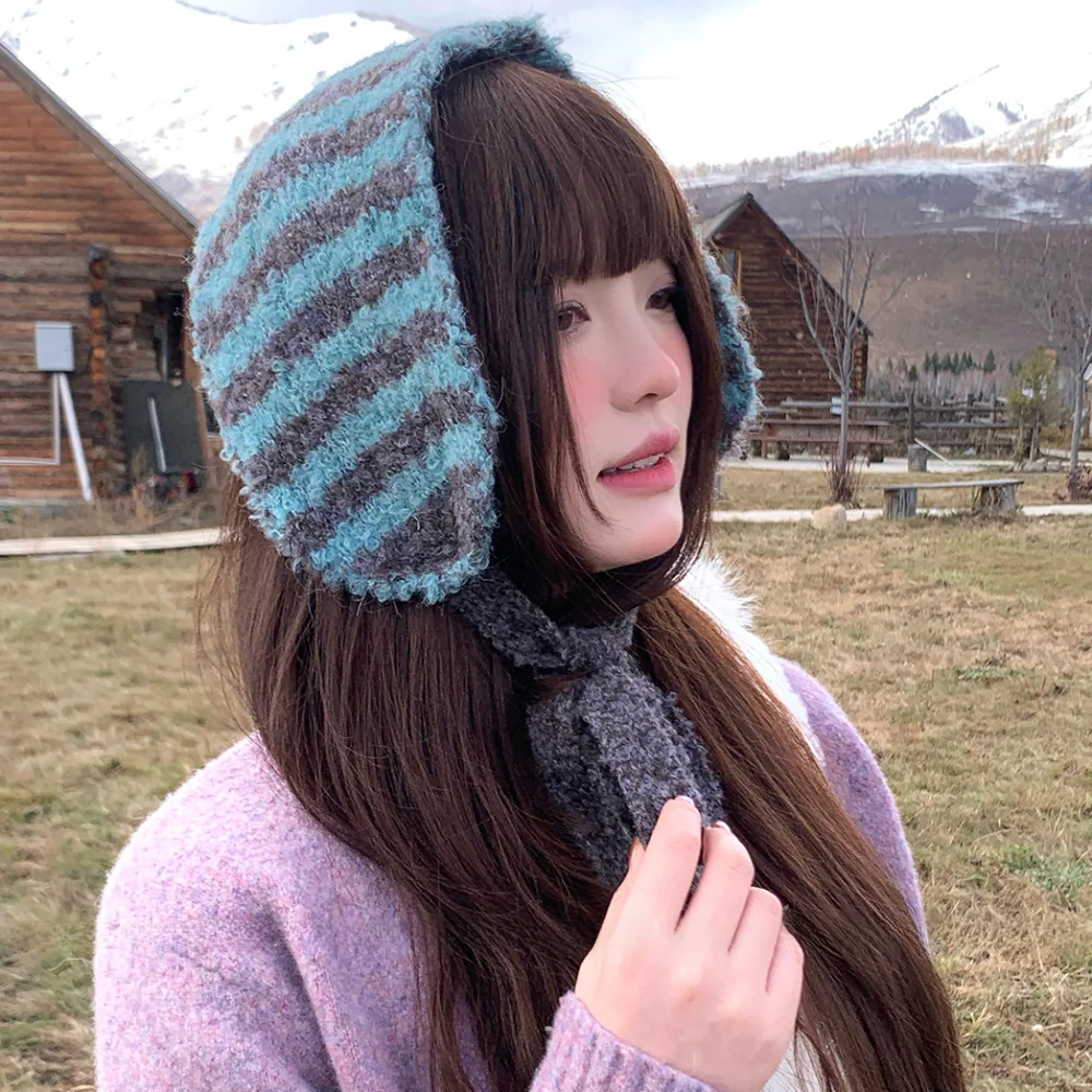 Versatile Contrasting Stripes Knitted Earmuffs Synthetic Wool Personality Casual Headband Earflag Trendy Windproof