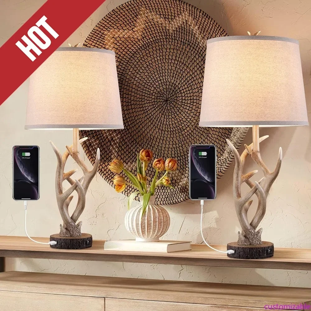 

Customizable-Dungoo Rustic Western Lamp Set Of 2 - 26" Farmhouse Table Lamp With 2 USB Ports, Natural Antler Design For Bedroom,