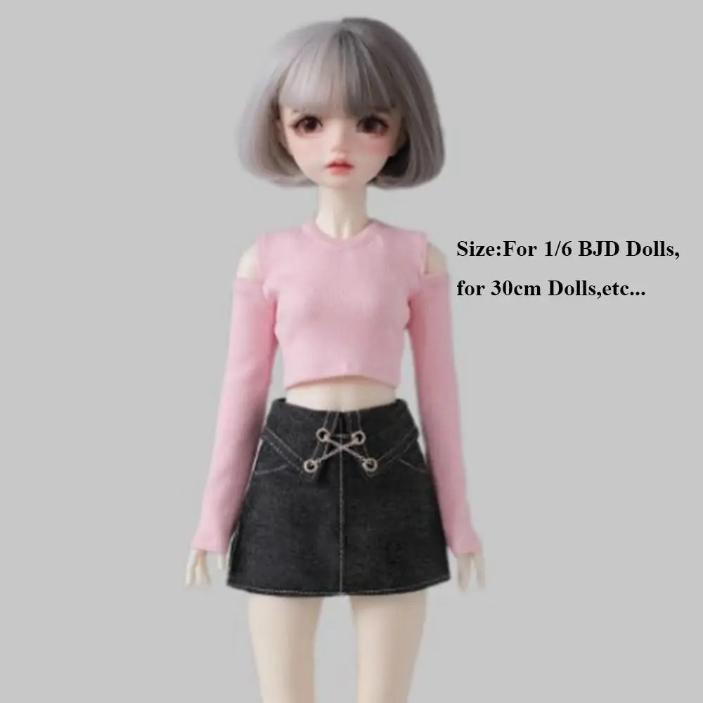 Moda fora do ombro camiseta bonito com corrente saia jeans mini acessórios diy saia de princesa roupas para 1/6 bjd 30cm bonecas