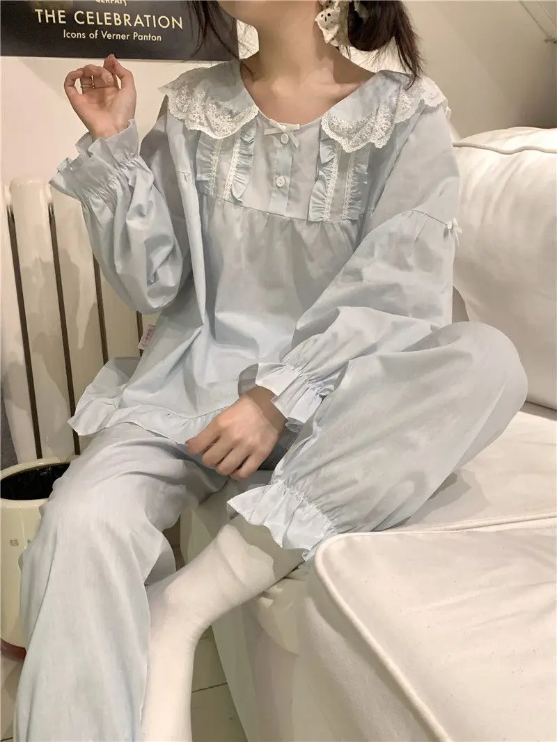 Korean version sweet princess lace slimming all cotton comfortable and fashionable popular home clothes women\'s suit girls\' home