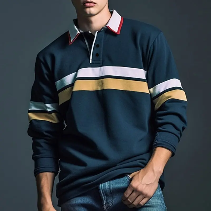 

Men's Long Sleeve Polo Shirt 3D Stripes Print Pullover Autumn Business Casual Turn-down Collar Buttoned Oversized Mens Clothing