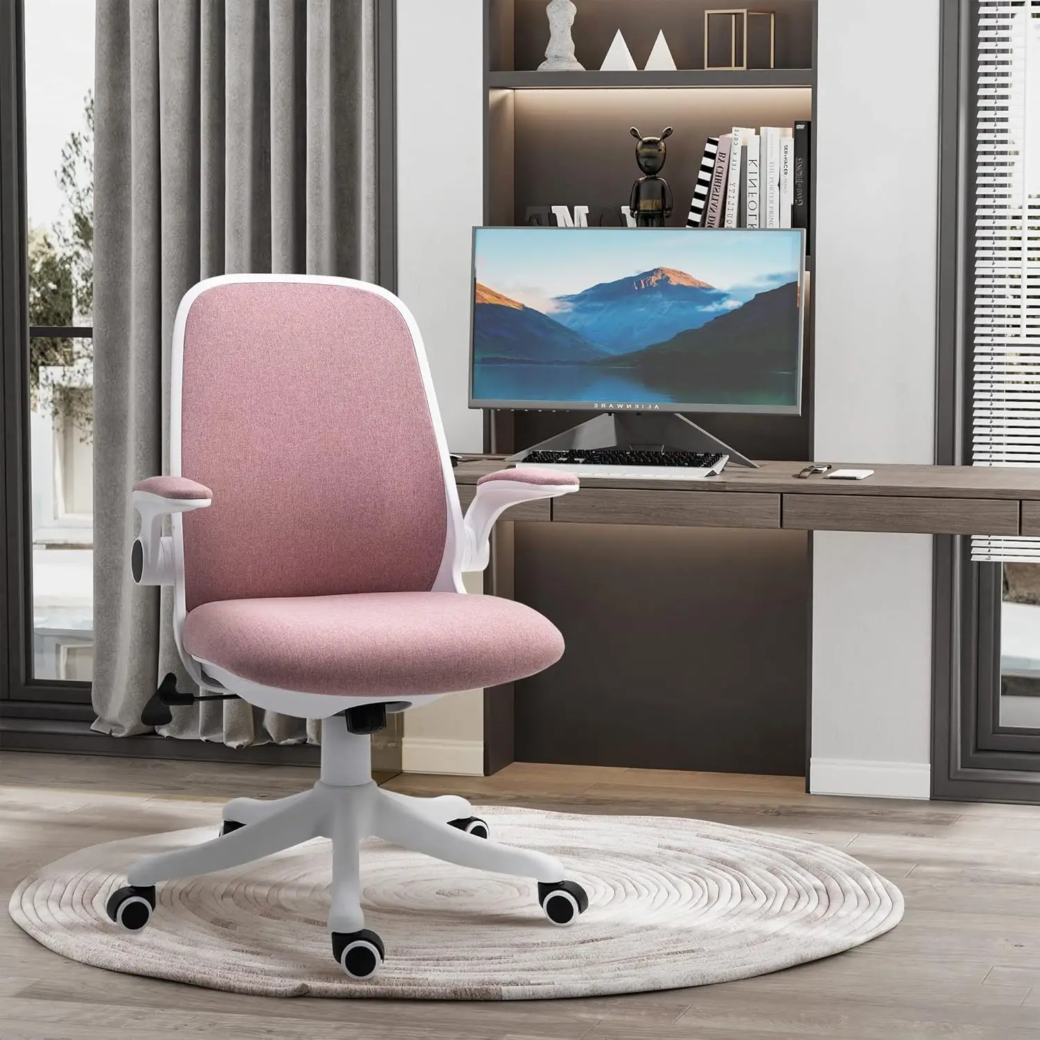 Modern Pink Linen-Touch Office Chair, Adjustable Lumbar & Flip-up Arms Swivel Task Chair with Height-Stylish Ergonomic Seating