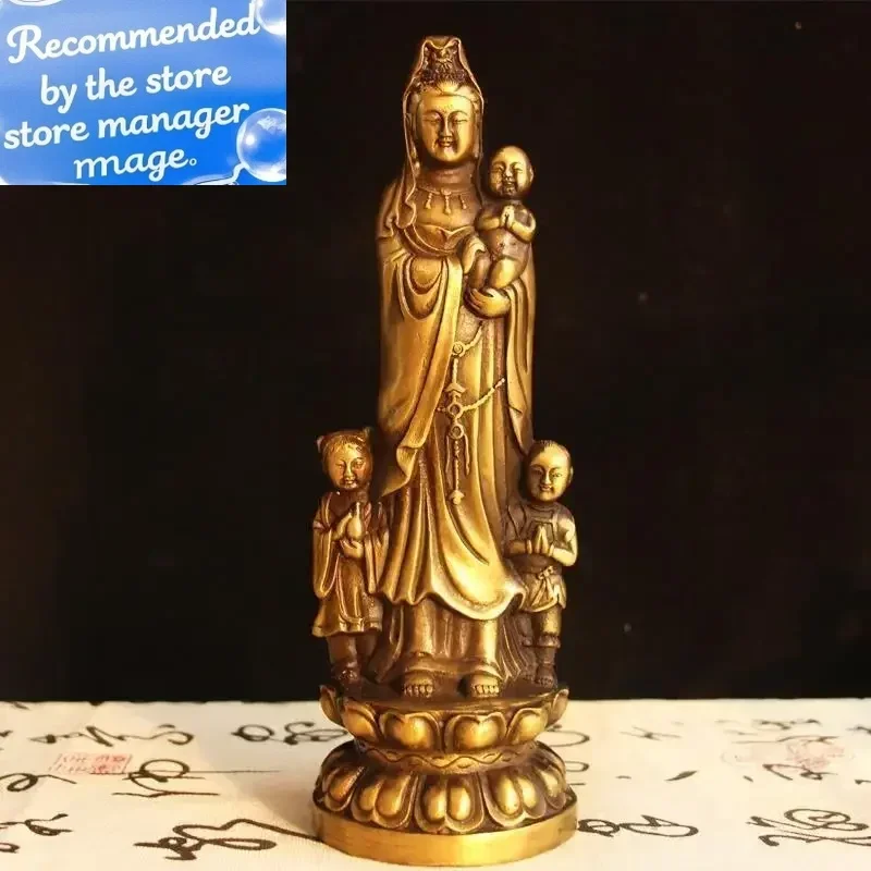 

Copper Feng Shui Guanyin Bronze Statue of Buddha Standing Holding The Child Bodhisattva Home Living Decor