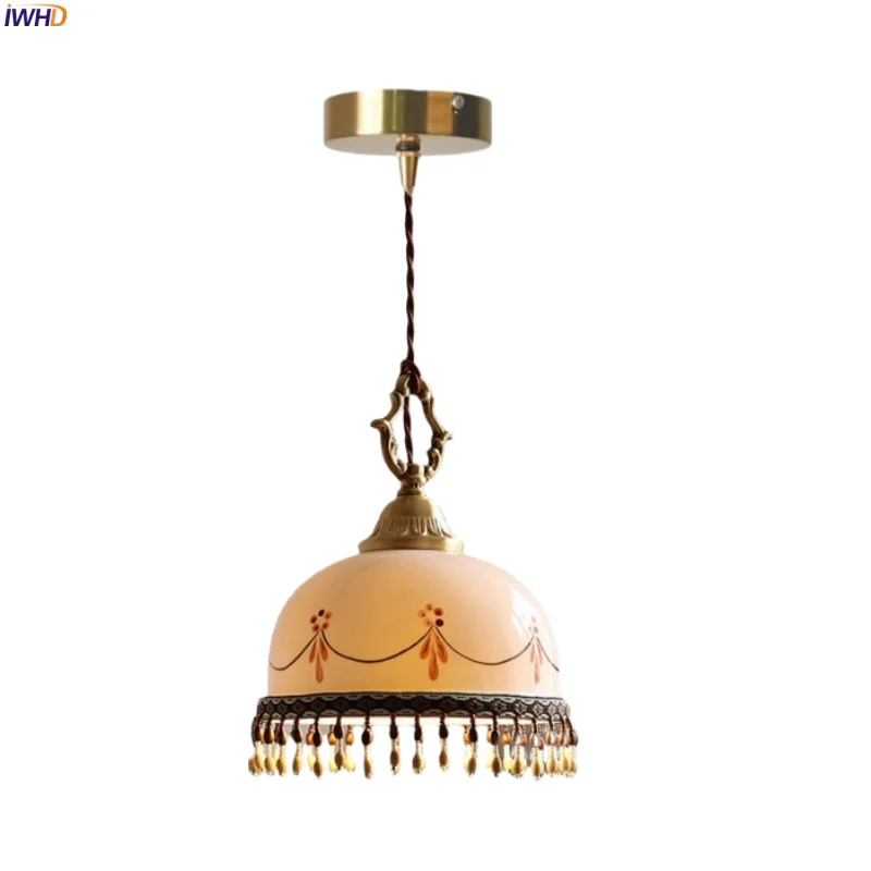 

IWHD Copper Socket LED Pendant Lights For Bedroom House Bathroom Decor Vintage Tassel Ceramic Hanging Lamp Lighting Luminaire