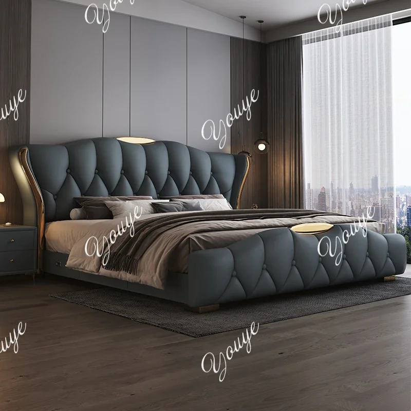 

XM 180X200cm Wood Shelve Luxury Bedroom Furniture Modern Leather Double Bed Headboard Frame Cama De Casal King Bed Nordic Home