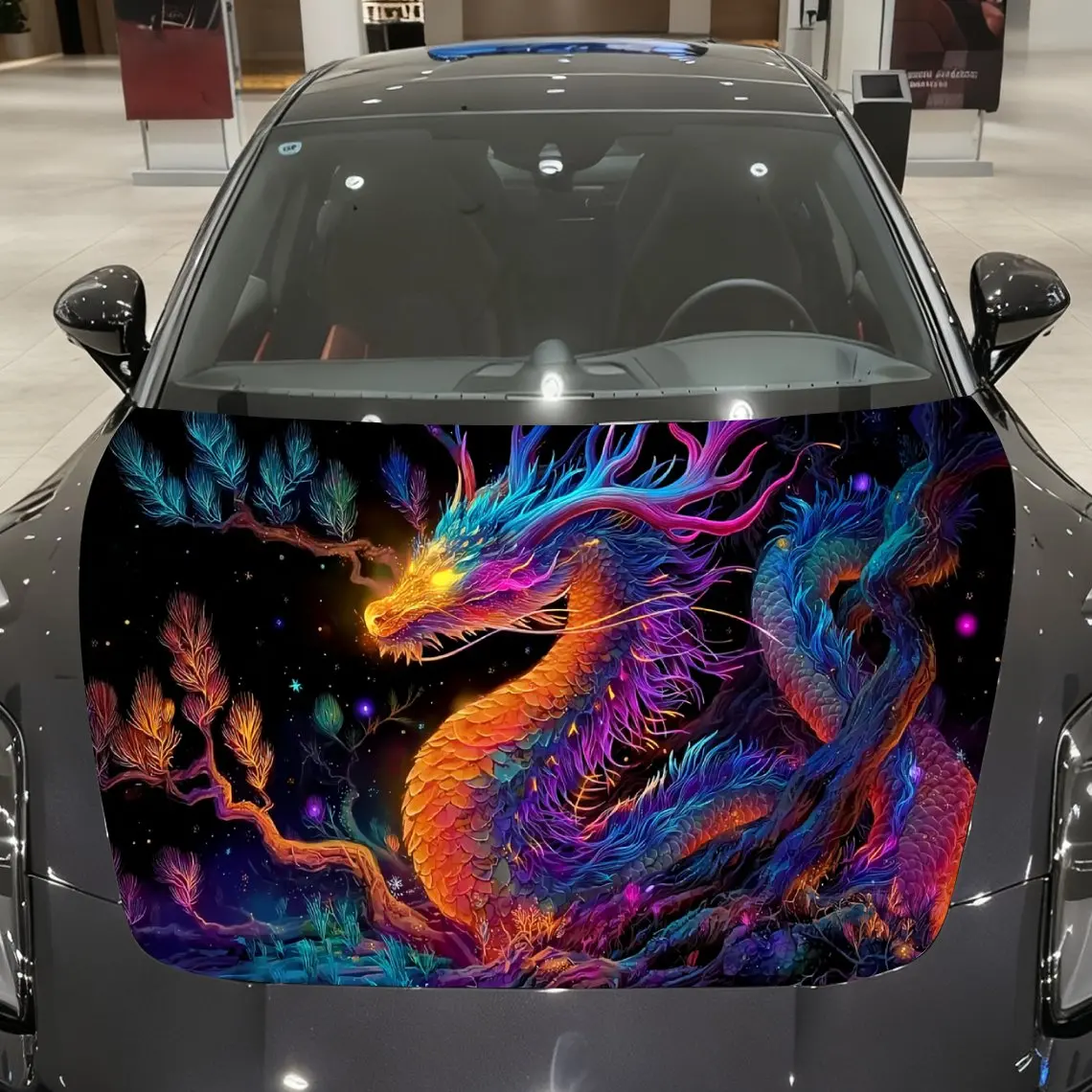 

Neon Dragon Flame Car Vinyl Wrap, PVC Material Waterproof Car Hood Sticker, Self-Adhesive Scratch-Resistant Stickers for Engine
