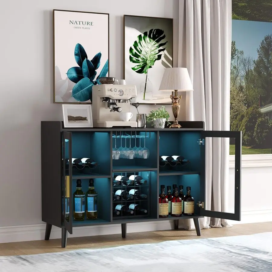 

Modern Wine Bar Cabinet with LED Light, Wood Kitchen Coffee Bar Home Liquor Cabinets with Glass Holder, Doors and Wine Racks Buf