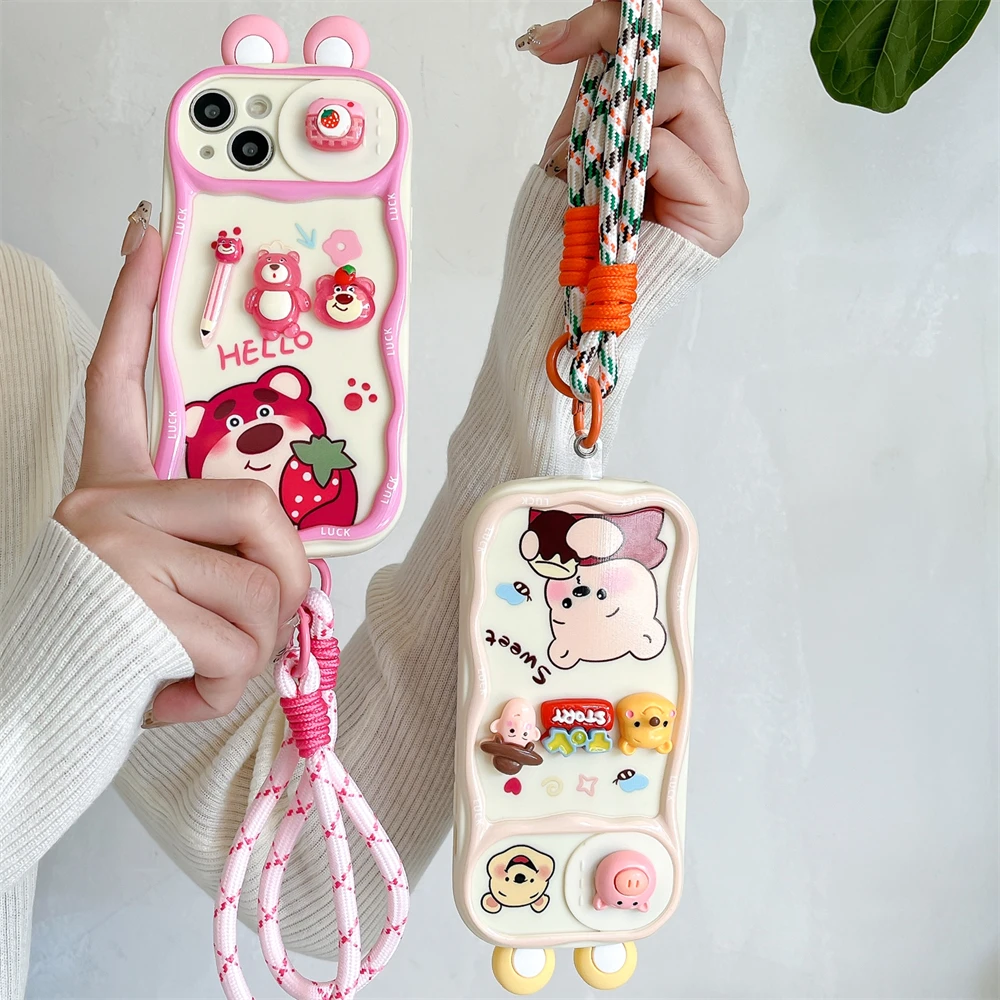 Cute Cartoon Pink Disney Winnie Pooh Lotso Bear Slide Camera Protection Case For iPhone 13 12 14 15 16 Pro Max Wrist Strap Cover