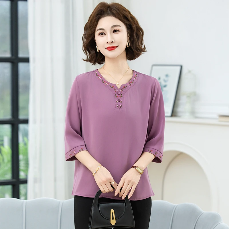 

Ele Embroidered Loose T-irt for Middle-Aged And ly Women Faionable Long Sve Top Comfortable Polyester Fiber