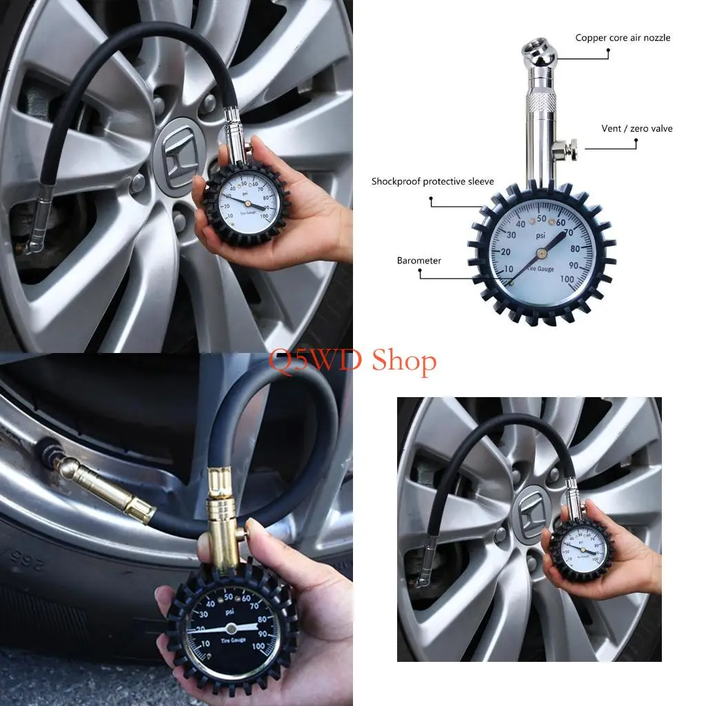 

Q5WD Манометр для шин мотоцикла 0-100 PSI Манометр с гибким шлангом и дефлятором Компактный размер для мотоцикла, велосипеда,