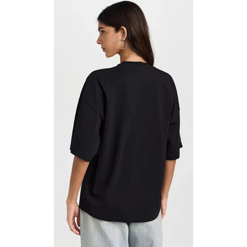 夏ラウンドネック Tシャツ女性黒白文字グラフィックプリント高品質ストリートオーバーサイズカジュアルルーズ服夏