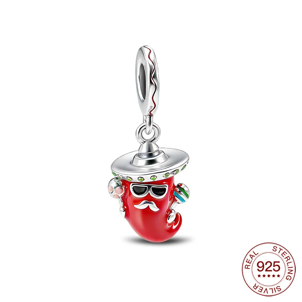 Novo 925 prata esterlina encantos handheld maraca chili pingente caber pulseira original charme diy jóias festival presentes para mulher