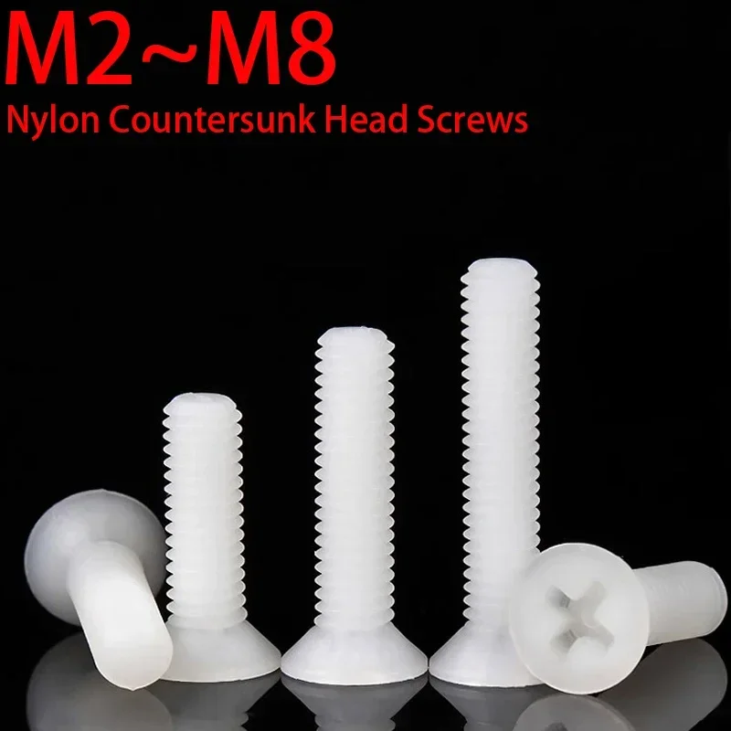 20-100pcs M2 M2.5 M3 M4 M5 M6 M8 White Nylon Countersunk Head Screws Plastic Phillips Flat Head Bolts length: 4~ 40mm