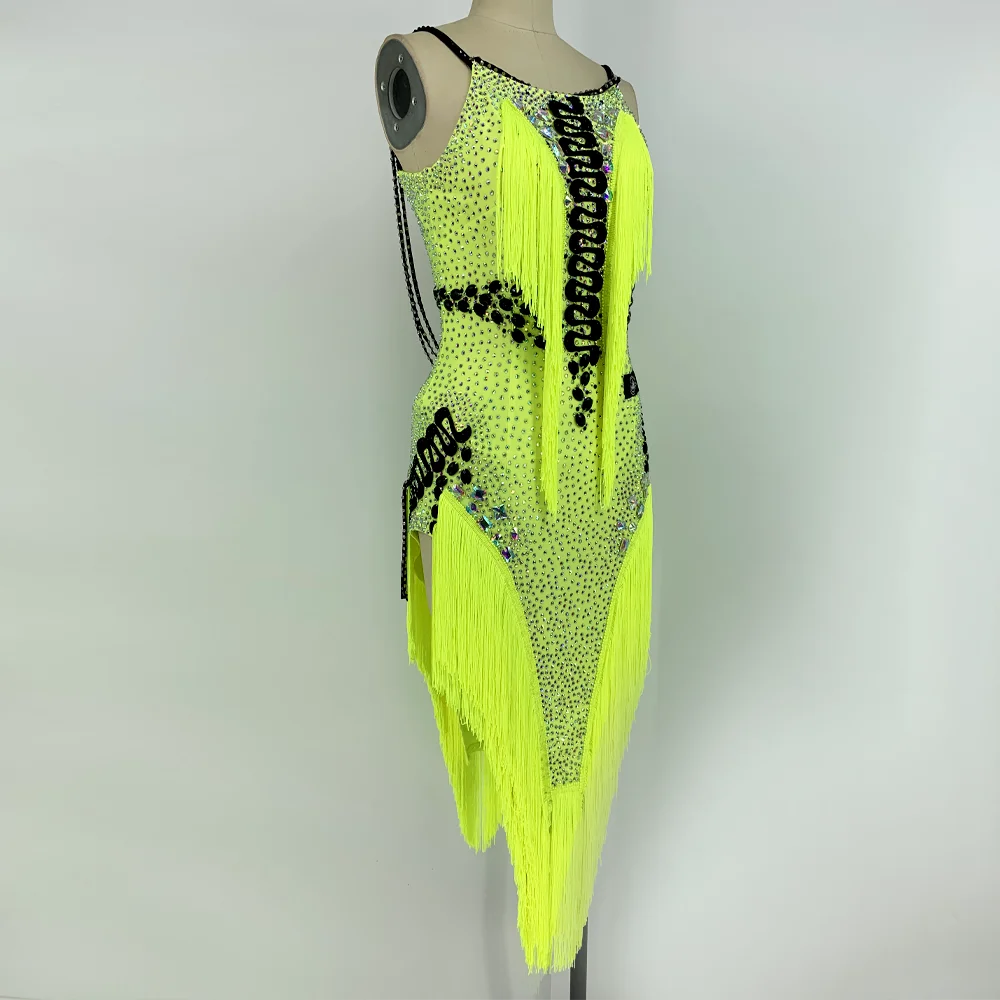 Fluorescent Yellow Latin Dance Competition Dress Rhinestone Fringe Dress Women Girls Dance Costume Rumba Samba Dance Wear L14573