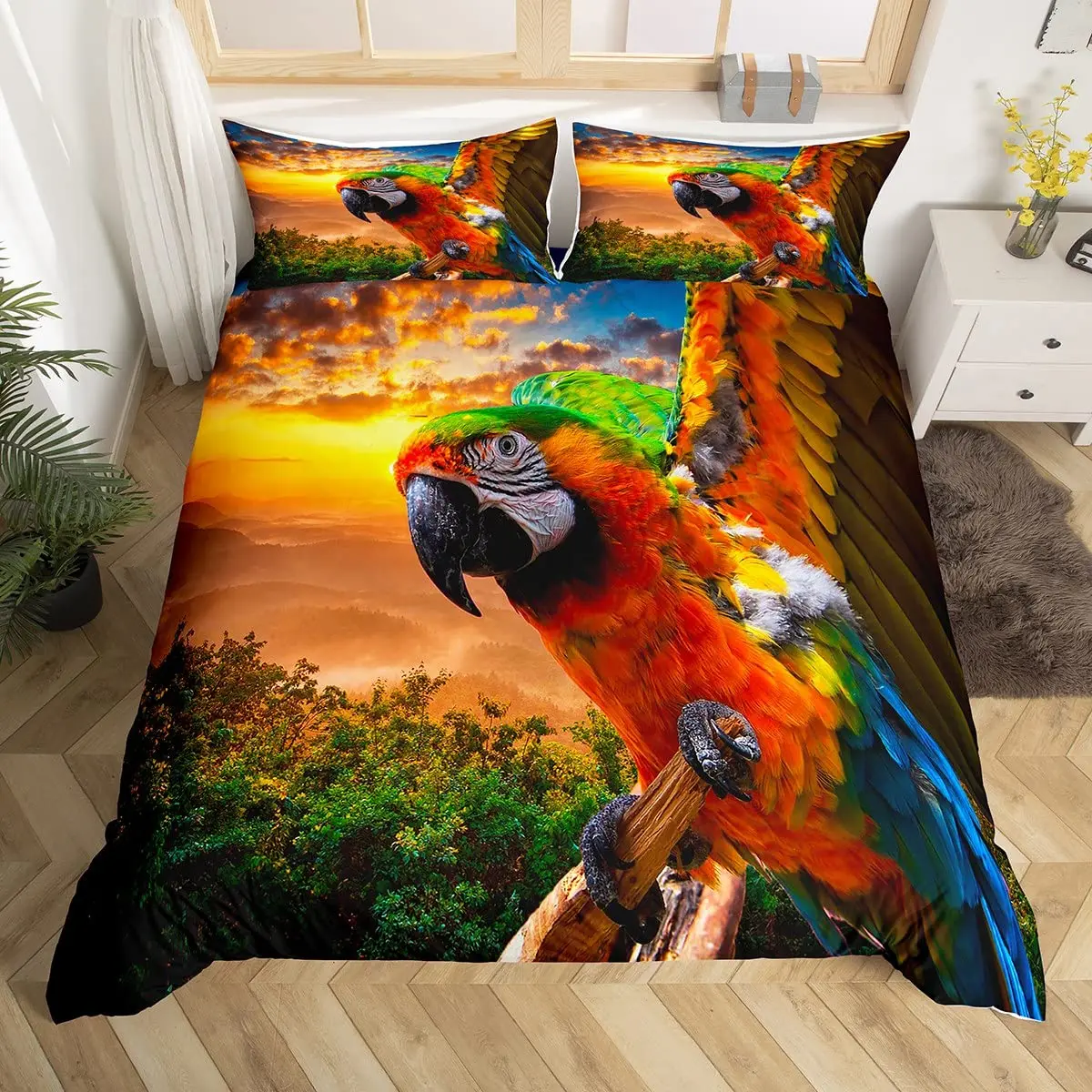 Parrot King Queen Duvet Cover Colourful Feather Bedding Set Rain Trees Bird Quilt Cover Sunset Mountain Natural Comforter Cover