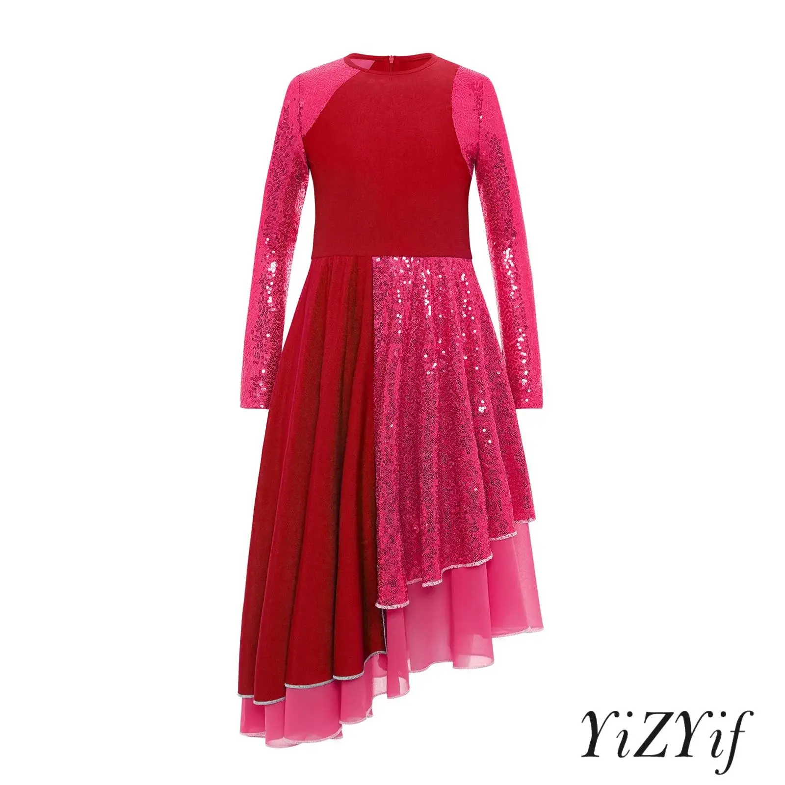 

‌Kids Girls Asymmetrical Hem Liturgical Dance Dress Costume Stretchy Sequined Dress for Praise Lyrical Modern Dance Performance
