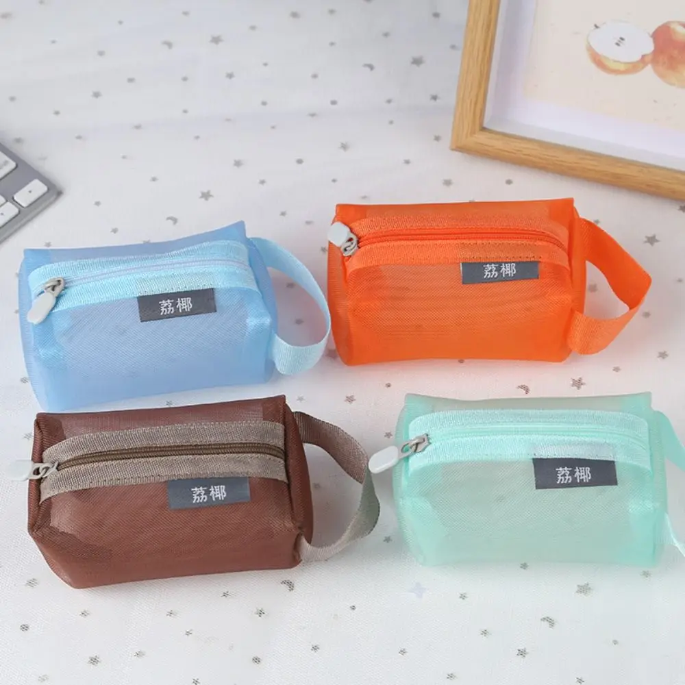 Portable Square Mesh Cosmetic Bag Mini Zipper Coin Purse Large Capacity Key Bags Transparent Storage Pouch Mini Wash Bag