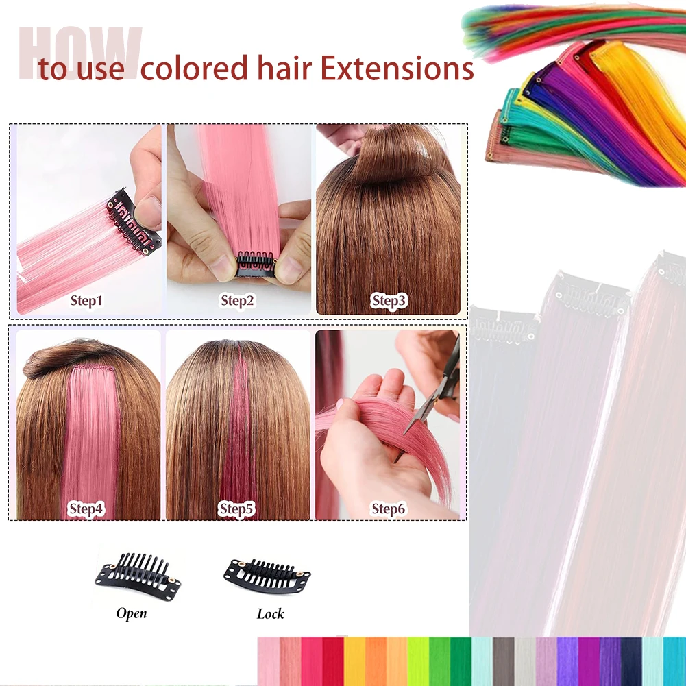 Colored Hair Extensions 8 Pcs/Pack Multi-colors Party Highlights Clip in Synthetic Hair Extensions 22 inch Rainbow Hairpieces