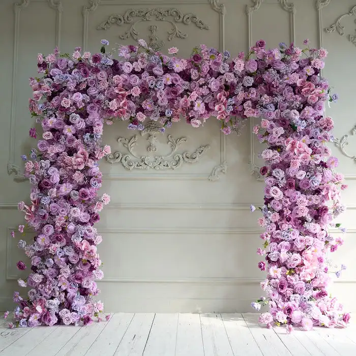 Custom series Purple rose peony Hydrangea green leaf artificial square arch wedding background decoration banquet event layout