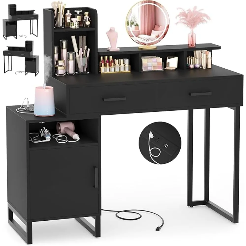 

Vanity Desk with Power Outlet Makeup Desk with Drawers and Cabinets Vanity Set with Storage Shelves for Bedroom