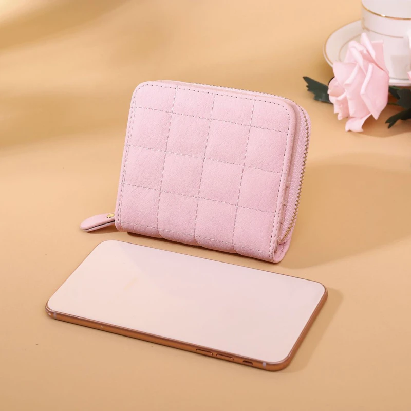 Modne krótkie portfele dla kobiet PU Leather Female Plaid Slim Coin Purses Card Holder Solid Zipper Mini Money Bags Change Pouch