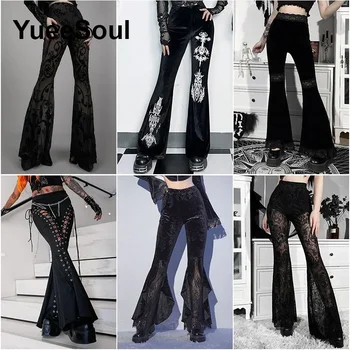 Gotik Kadın Pantolon Siyah Dantel Seksi Kargo Pantolon 2024 Yeni Y2K Estetik Harajuku Hip Hop Punk Grunge Uzun Pantolon streetwear