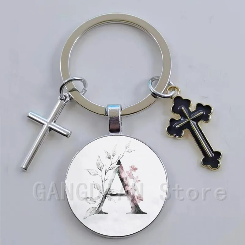 A-Z plant letters, enamel cross charm keychain, Jesus religion keychain pendant, handbag accessories, DIY keychain jewelry gifts