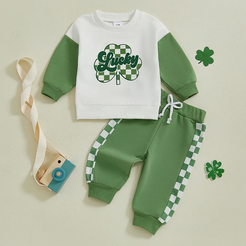 Conjuntos de trajes de día irlandés para niño Conjuntos de pantalones con cordón y tops con estampado de letras de trébol de manga larga